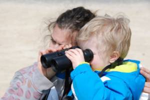 Enfant avec des jumelles observant les oiseaux