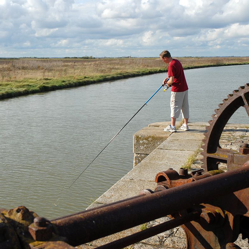 Pêcheur sur un ouvrage hydraulique du Marais poitevin