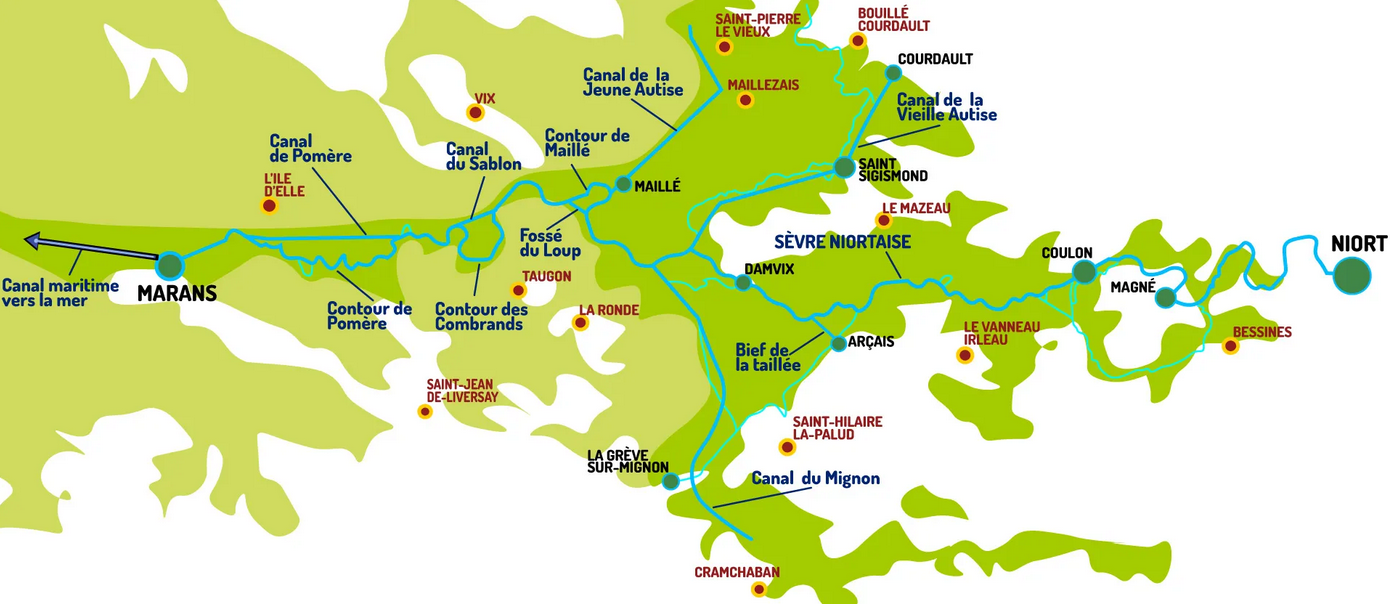 Carte de la Sèvre niortaise navigable et de ses affluents