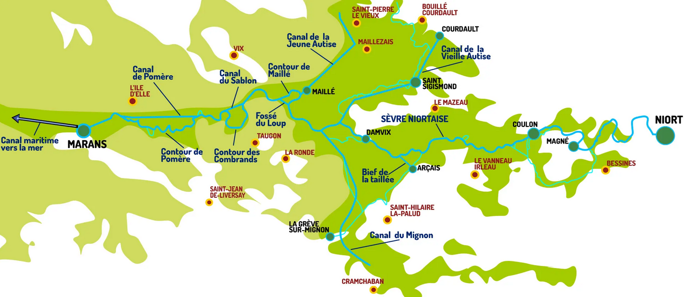 Map of the navigable Sèvre Niortaise and its tributaries.