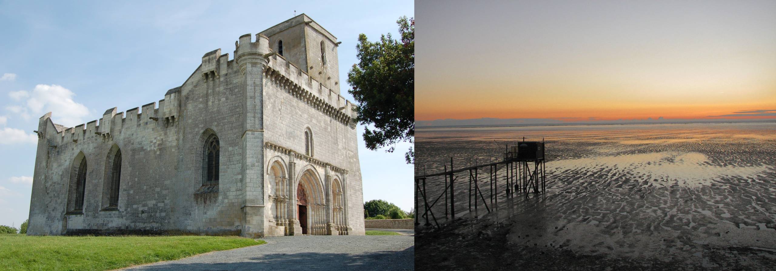 The fortified church of Esnandes and carrelet at the Pointe Saint-Clément.